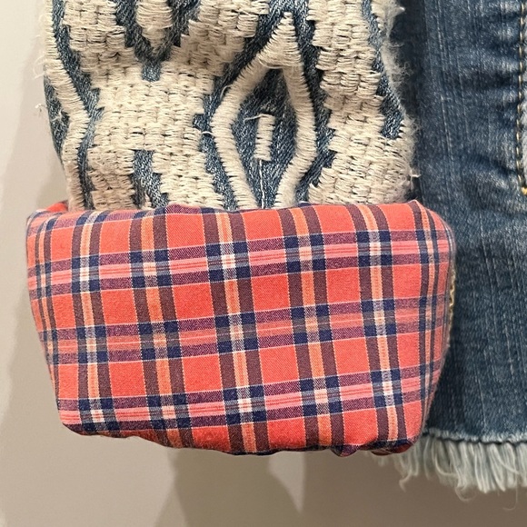 ANTHROPOLOGIE $295 Denim jacket with tapestry sleeves and plaid cuffs. - Picture 7 of 9